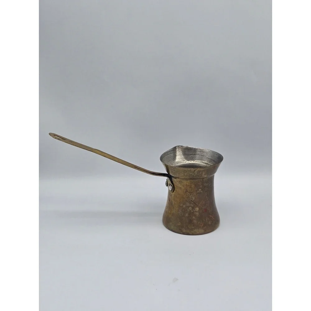 Vintage Brass Turkish Coffee Pot Ibrik Tin-Lined Brass Handle Deep Patina Rustic